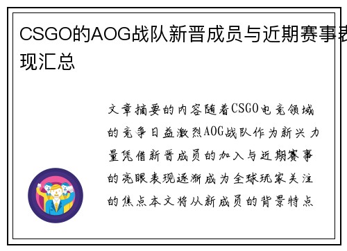 CSGO的AOG战队新晋成员与近期赛事表现汇总